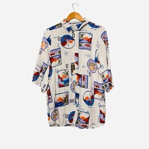 Label of Love Tropical Postcard Print Linen Blend Shirt Dress Tunic Women’s M